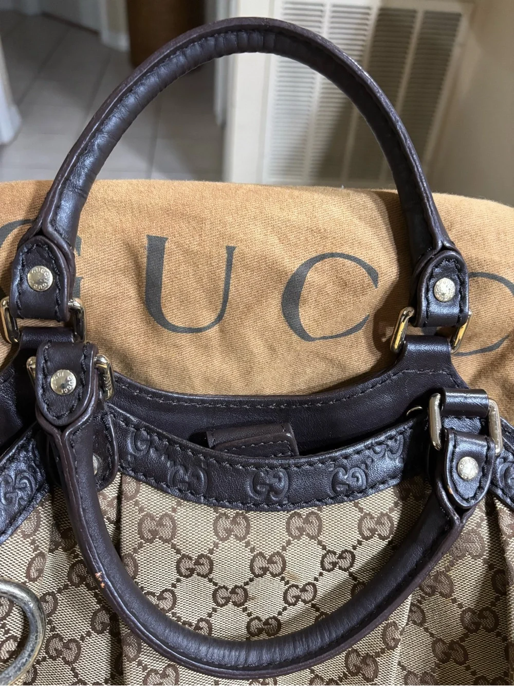 Gucci Beige/Brown GG Canvas Satchel with Dark Brown Trim